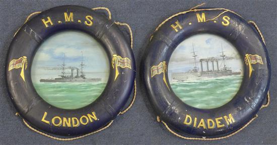 English School c.1900 Ship portraits of HMS London and HMS Diadem, tondo, 7.5in., with painted lifebuoy frames 12in.